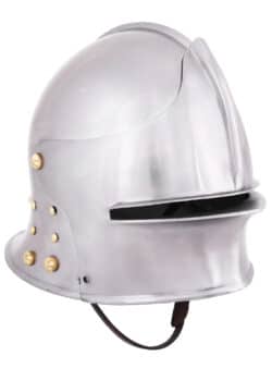 Salade à nuquière allemande – Reproduction fidèle d’un casque médiéval de 1480 en acier 1,6 mm. Visière ajustable, doublure cuir réglable pour un confort optimal. Parfaite pour la reconstitution historique et la protection authentique.
