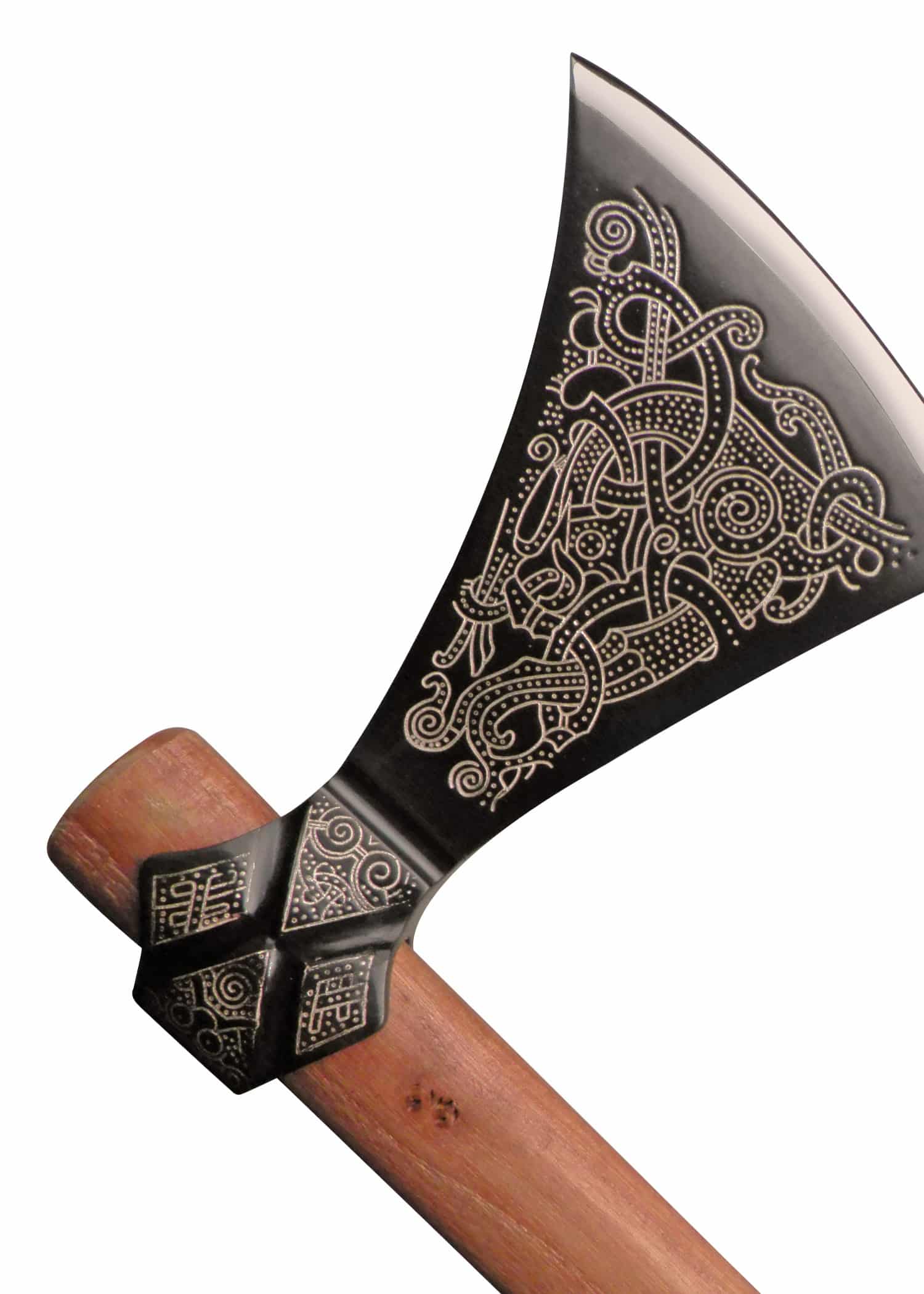 Fer de hache viking gravé aux loups pour vente. Disponible en