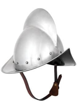 Casque Morion allemand en acier 1,6 mm, reproduction fidèle du XVIe siècle avec jugulaire et incrustation cuir. Confortable et léger, idéal pour la reconstitution historique.