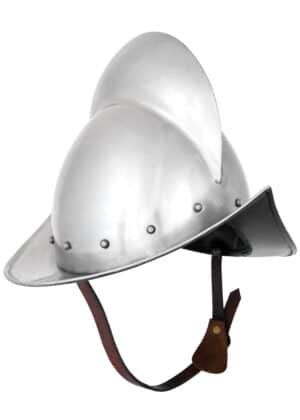 Casque Morion allemand en acier 1,6 mm, reproduction fidèle du XVIe siècle avec jugulaire et incrustation cuir. Confortable et léger, idéal pour la reconstitution historique.
