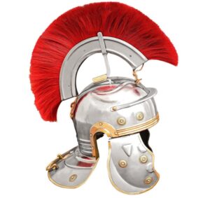 Casque de centurion romain à criniere rouge en acier doux et renfort en cuir épais
