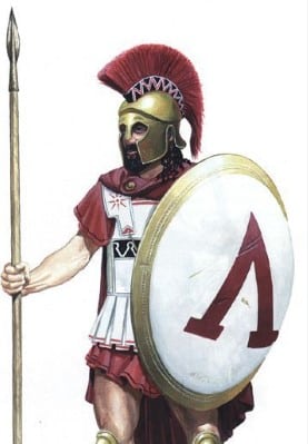 Hoplite soldat grec équipé d'un dory et d'un bouclier
