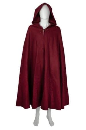 Cape médiévale 100 % coton avec capuche pointue. Rouge ou noir. Idéale pour GN, cosplay ou reconstitution. Longueur 135 cm. Facile à laver.