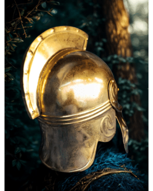 Casque hellénistique en laiton doré avec visière et protège-joues, reproduction antique gréco-romaine