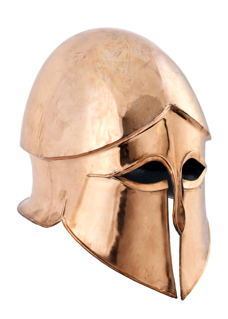 Casque corinthien en bronze. Magnifique réplique 100% bronze 1.2 mm d'un casque corinthien type "A". Taille: 58/64 cm. Livré avec une cale.