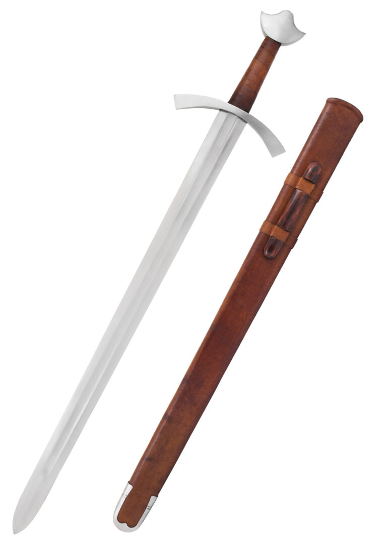 Epée chevalier haut moyen age à une main avec fourreau en bois gainé de cuir. Fabrication artisanale. Lame acier inoxydable a ressort EN45.