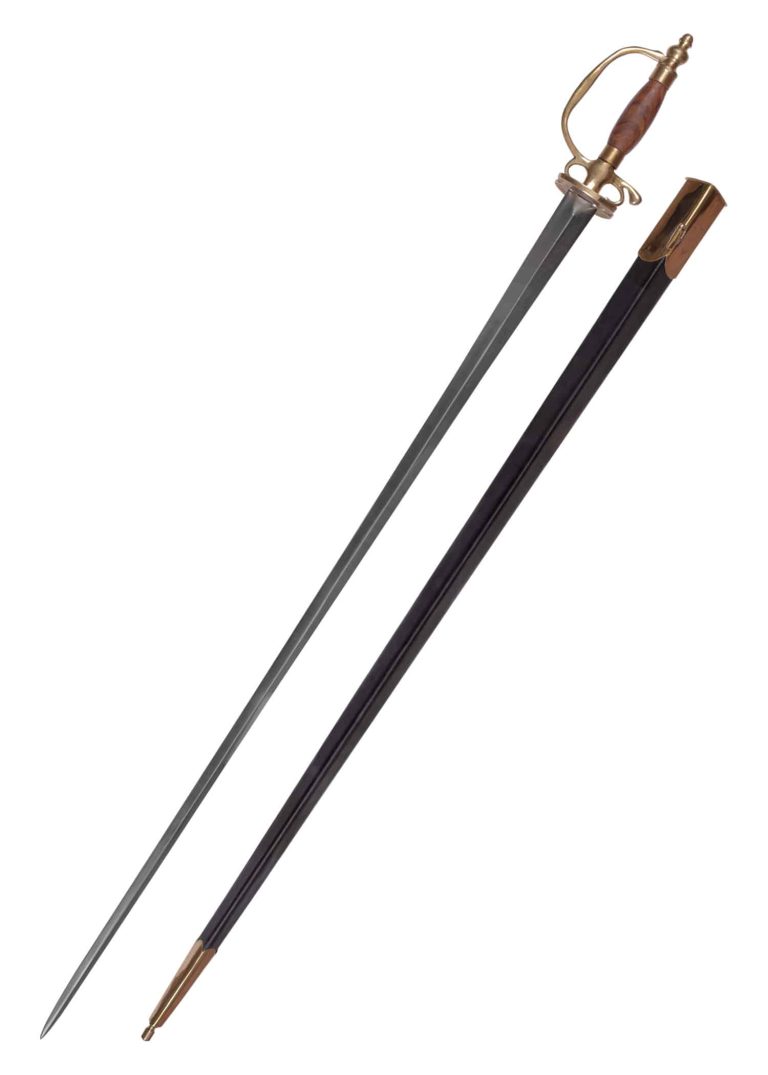 Épée de Cour Européenne XVIIIe siècle avec fourreau en cuir et garnitures laiton - Lame acier ressort EN45 section triangulaire, garde et garde-main courbé en laiton, poignée bois