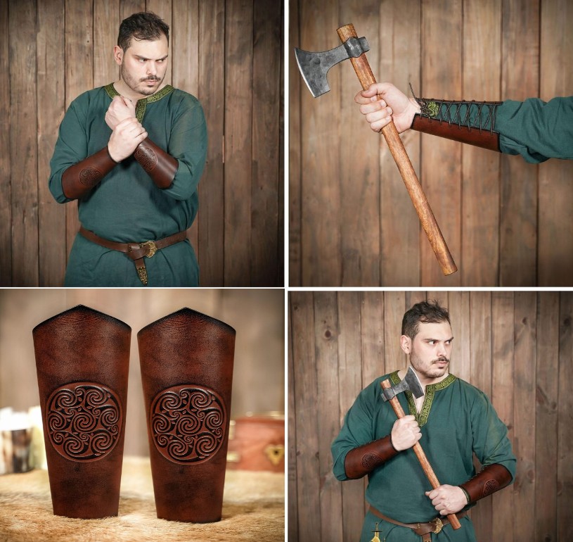 Brassards celtiques en cuir véritable 2 Brassards cuir motif celtique spirale relief avec lanières ajustables