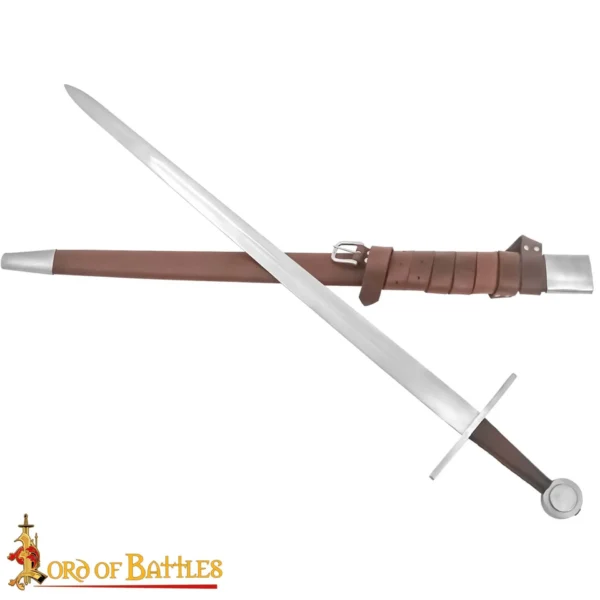 Épée normande médiévale forgée main 102cm dimensions - Acier carbone full tang pommeau roue fourreau cuir