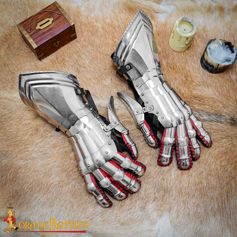 Gantelets chevalier médiévaux acier calibre 16 faits main - Gants d'armes plaques articulées doublure daim 44,5cm