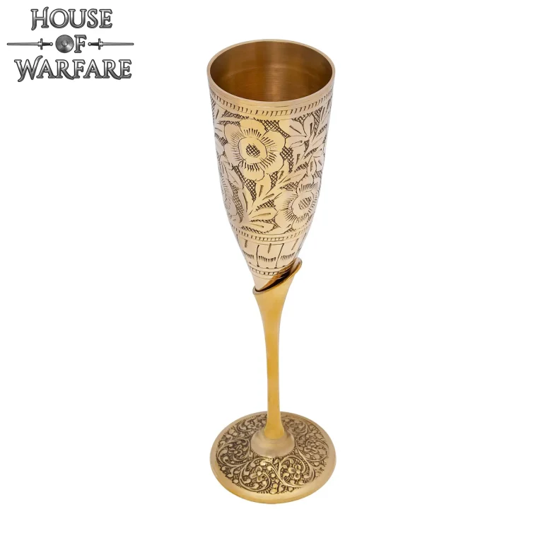 Grand calice laiton effilé 23cm gravures florales - Coupe médiévale cérémoniale noble polie 200ml