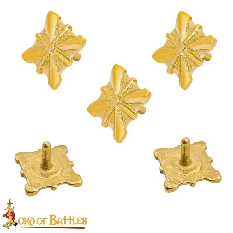 Lot 5 supports décoratifs laiton massif 2cm - Rivets ornementaux dorés pour cuir médiéval avec ergots