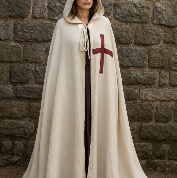 Cape croisé teutonique blanche à capuche avec croix rouge des templiers