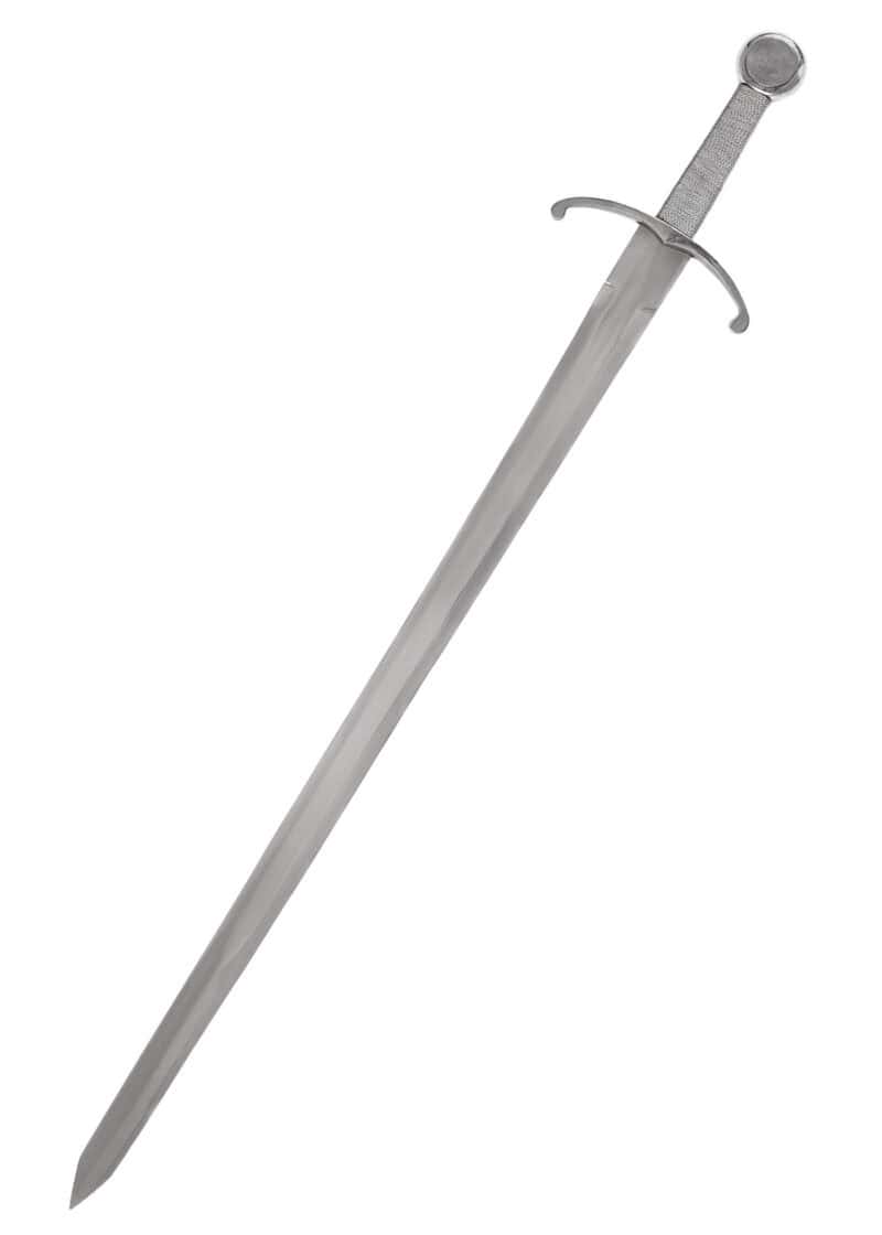 Épée médiévale à une main en acier carbone avec garde incurvée et pommeau roue