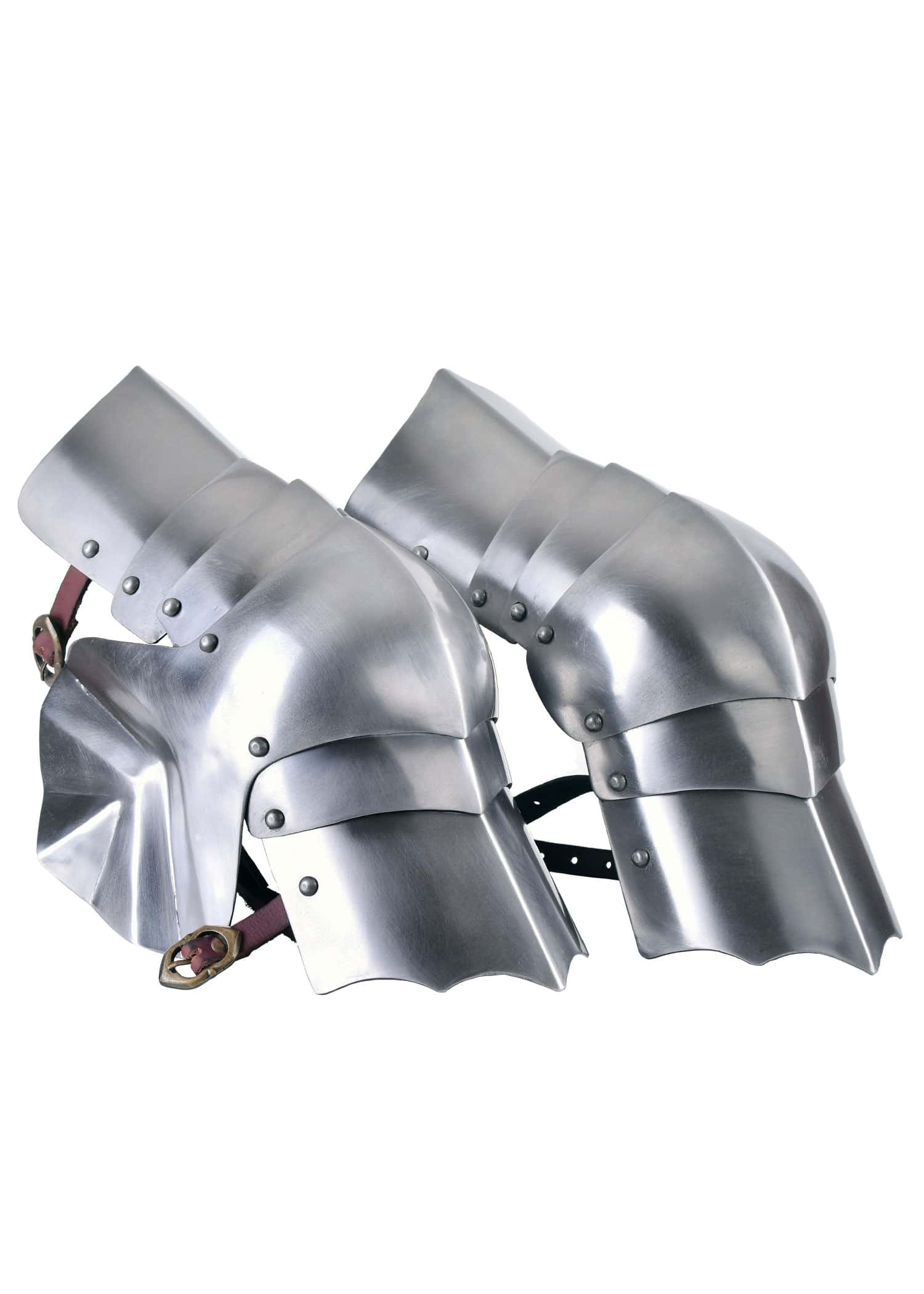 Genouillères médiévales du 15ème siècle en acier 1.3mm 1 Genouillères médiévales 15ème siècle en acier 1,3mm - Paire de protection genoux articulée avec sangles cuir rivetées ajustables, fabrication artisanale pour armure complète de chevalier