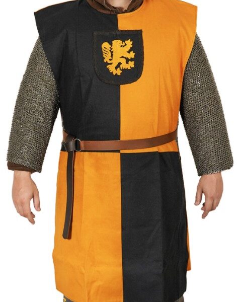 Tabard héraldique médiéval Lord of Battles avec lion écossais rampant noir et or