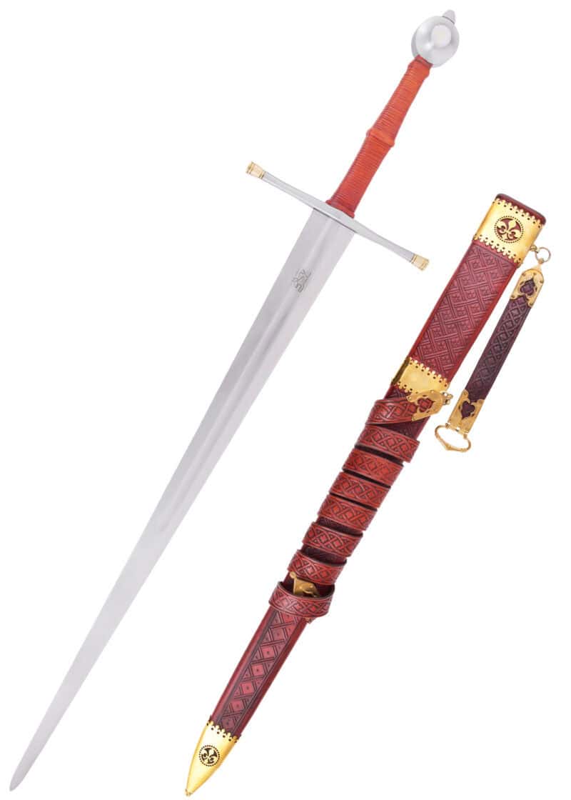 Épée longue médiévale allemande Passau Wolf 14ème siècle avec fourreau cuir rouge, lame acier 91cm gravée loup de Passau, pommeau disque croix laiton