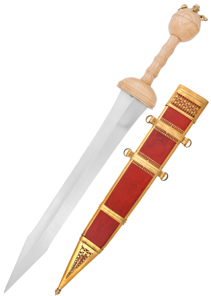 Réplique Gladius Dubravica épée romaine type Mayence avec fourreau en cuir rouge et lame en acier carbone 1er siècle