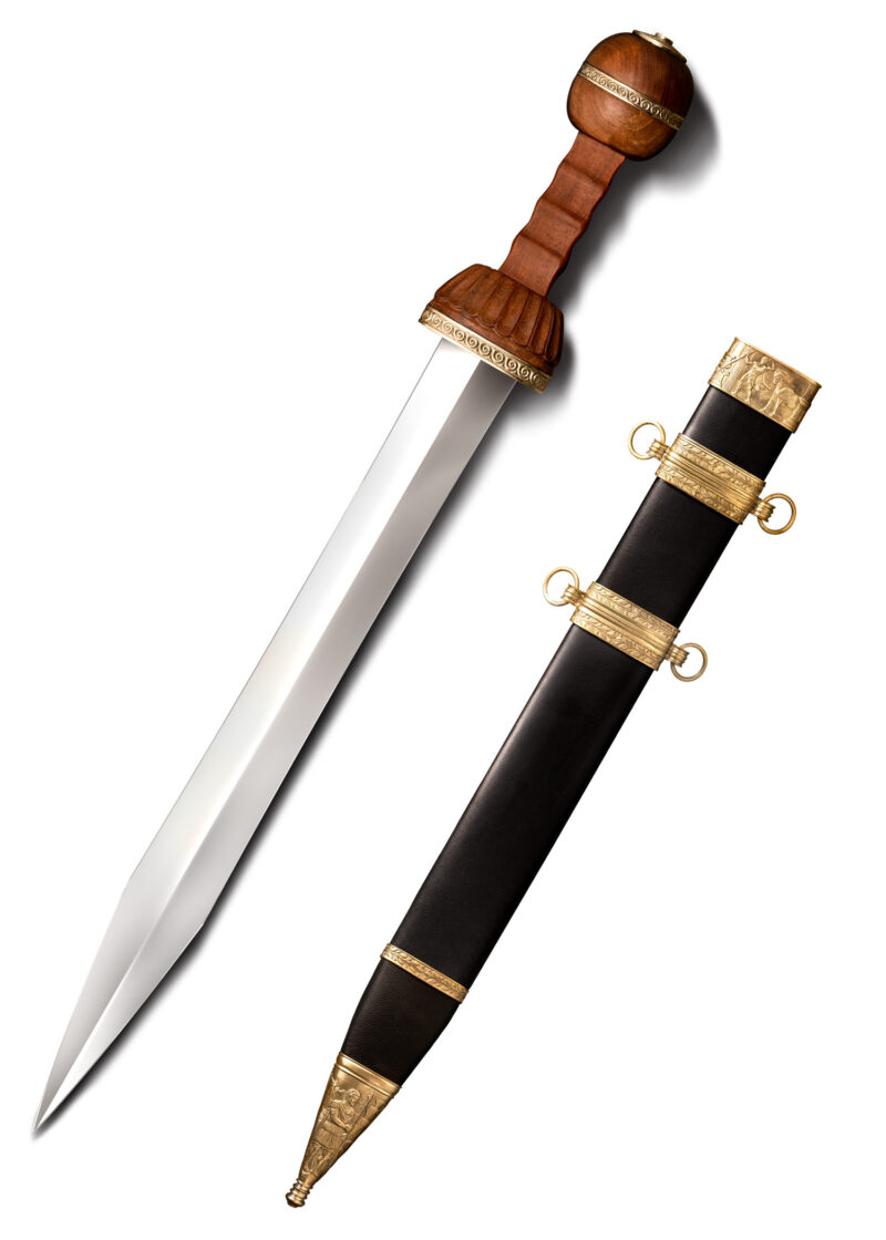 Gladius romain tranchant Cold Steel en acier au carbone avec poignée en bois de rose et fourreau en cuir noir, réplique historique d'épée de légionnaire