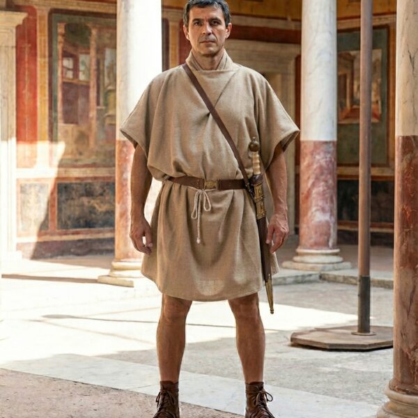 Tunique de civil romain en laine beige, coupe carrée traditionnelle pour reconstitution historique.