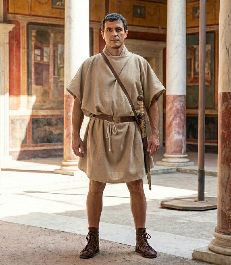 Tunique de civil romain en laine beige, coupe carrée traditionnelle pour reconstitution historique.