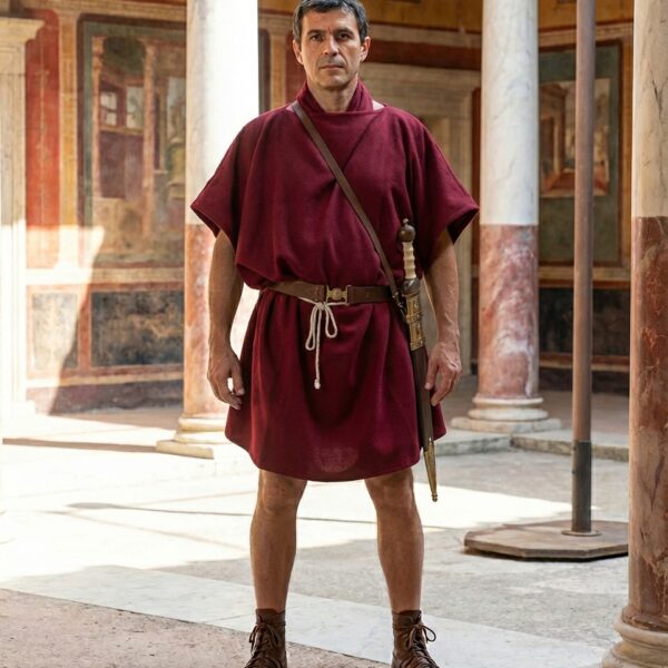 Tunique de soldat romain en laine rouge, coupe carrée traditionnelle pour reconstitution historique.