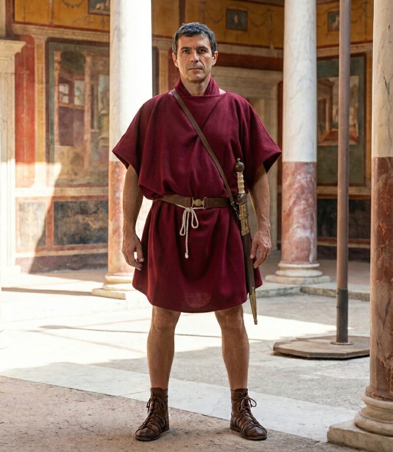 Tunique de soldat romain en laine rouge, coupe carrée traditionnelle pour reconstitution historique.