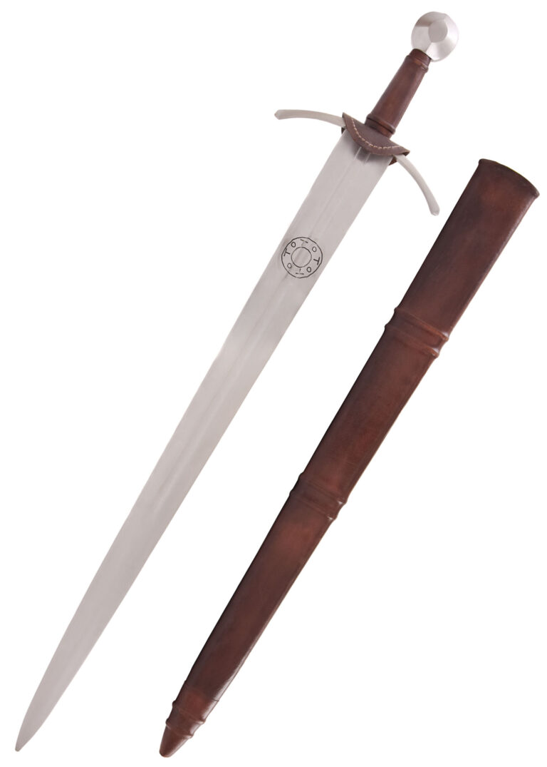 Épée d'armes médiévale Toto du 14ème siècle avec fourreau en cuir brun et gravure de lame.