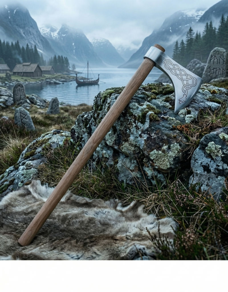 Hache Viking Dragon de 67 cm. Une réplique historique en acier trempé et bois robuste avec motifs de dragons. Idéale pour collectionneur, reconstitution médiévale ou GN. Livraison rapide.