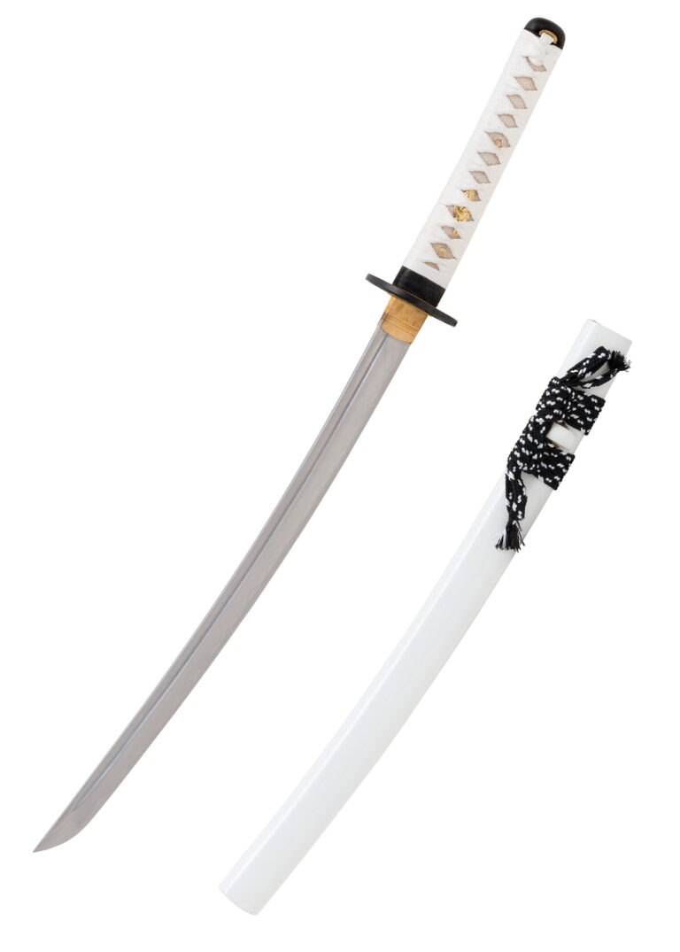 Wakizashi Shiro – John Lee, lame affûtée en acier 1045, tsuka blanche
