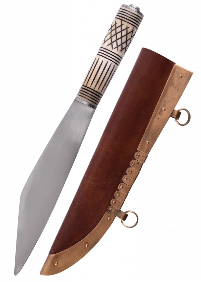 Scramasaxe viking à poignée en os gravée et fourreau en cuir
