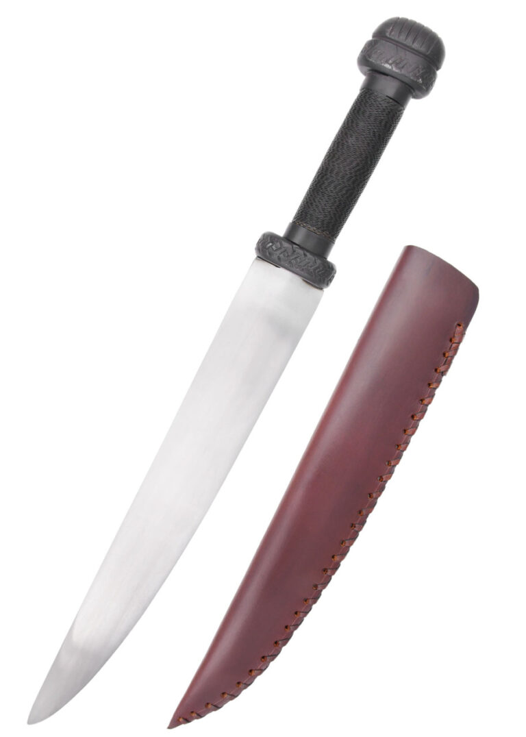 Seax viking noirci à fusée filigranée avec fourreau en cuir brun