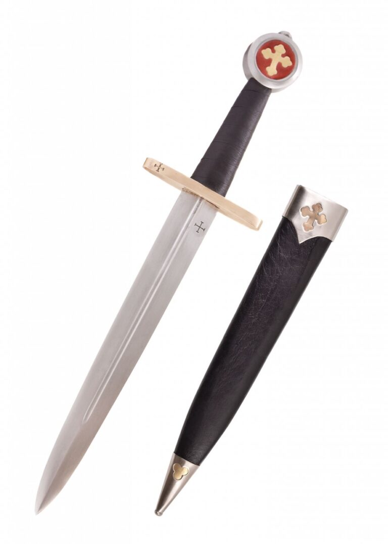 Dague templière Militia Templi gravée de croix avec fourreau noir