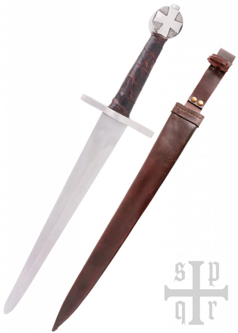 Dague templière à pommeau croix pattée et fourreau en cuir brun