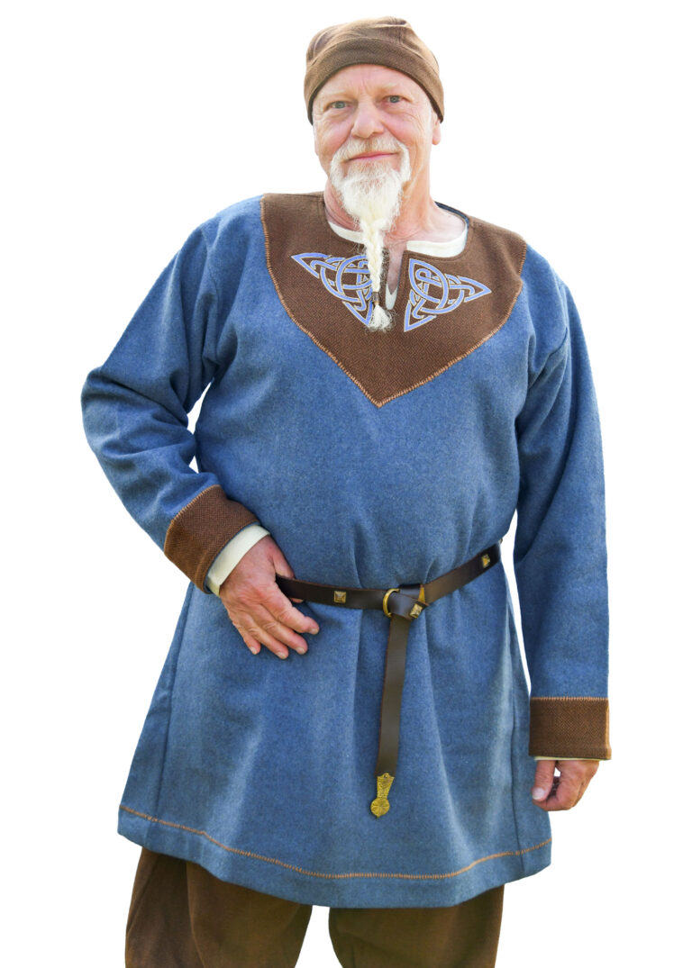 Tunique viking Esben en laine mélangée – bleu chiné et brun