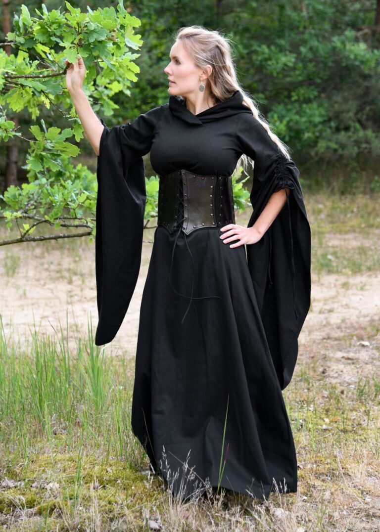 Robe médiévale Isra à manches trompette, noire