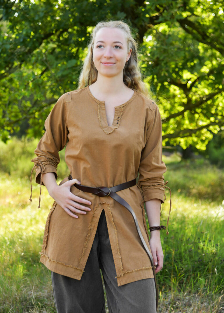 Tunique médiévale Yrsa, aspect vieilli, beige-marron