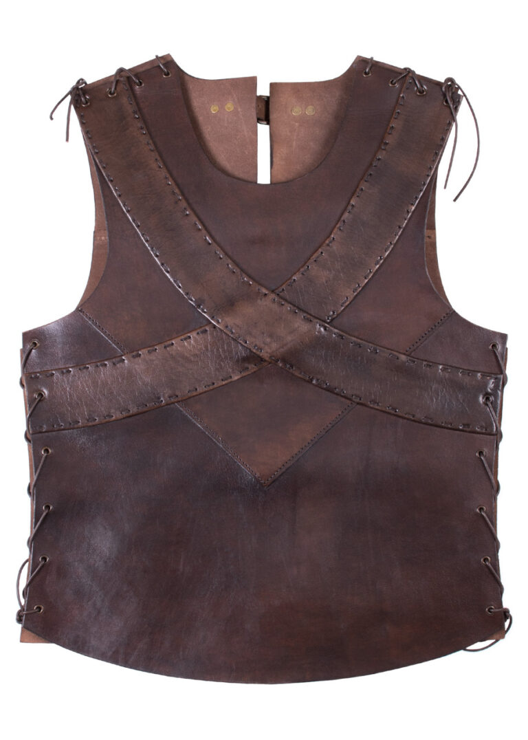 Armure de torse en cuir marron avec bandes croisées sur la poitrine