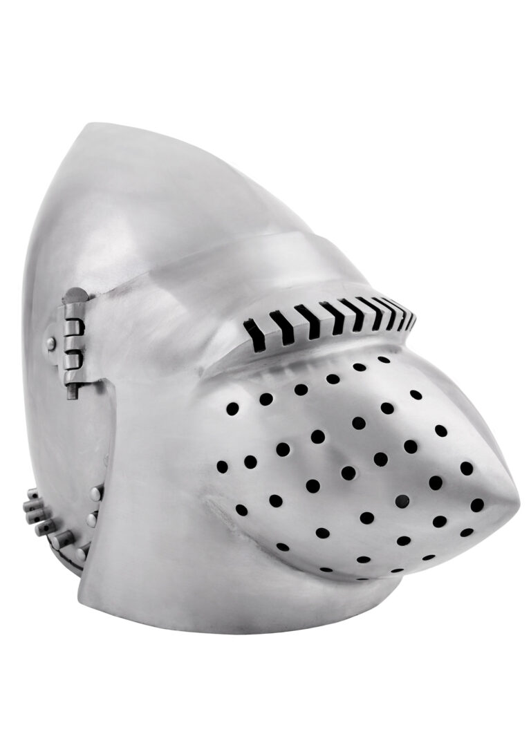 Bacinet de Churburg à bec de passereau en acier 1,6 mm, vue de trois quarts