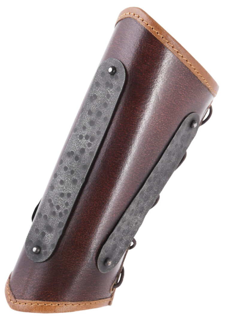 Paire de brassards en cuir marron Arnulf avec plaques d’acier
