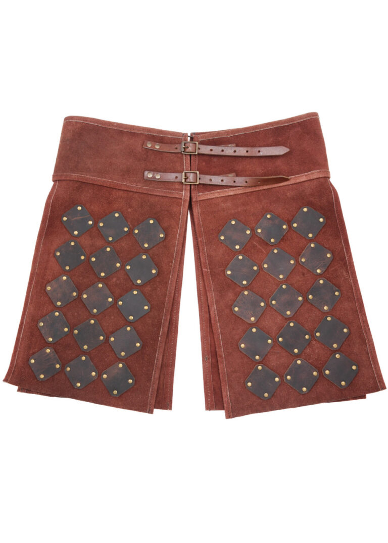 Jupe d’armure Vidar en suède marron avec plaques de cuir huilé