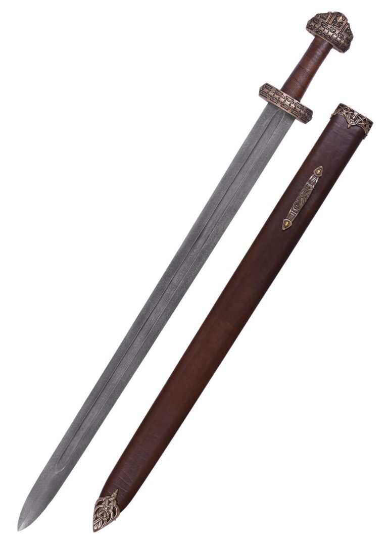 Épée viking de l’île d’Eigg à poignée en cuir, acier de Damas
