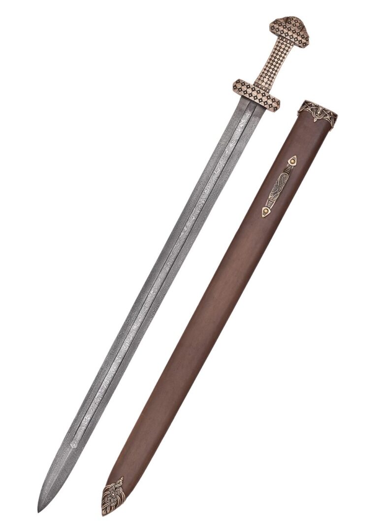 Épée viking à garde en bronze, lame en acier de Damas