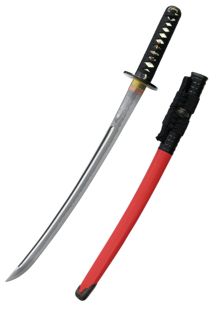 Wakizashi Kami – Hanwei, lame pliée K120C et saya laquée rouge