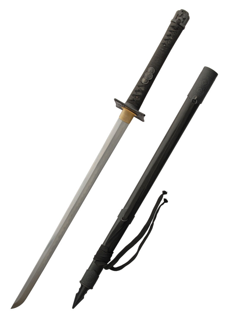 Ninja-to Kouga – Hanwei, tsuba ajourée de kanji et saya à pointe
