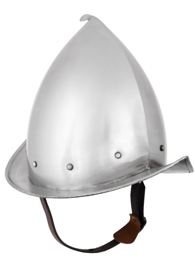 Morion à pointe en acier poli avec jugulaire en cuir