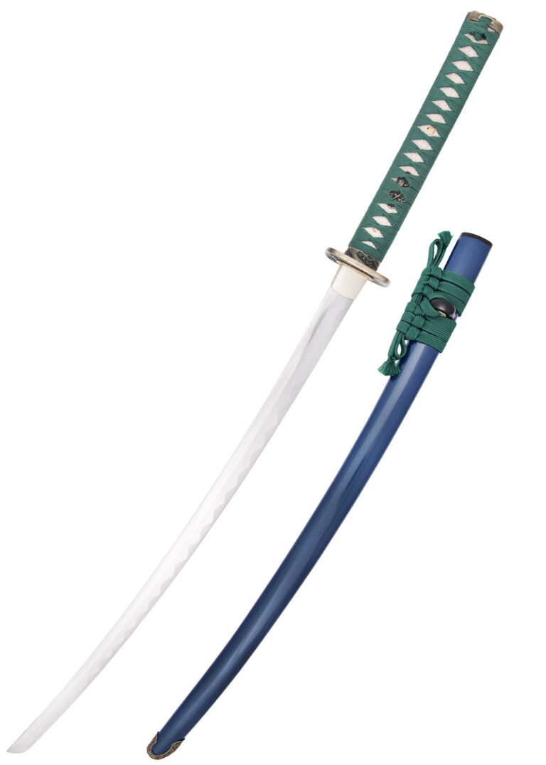 Katana Yaksha – Dragon King, acier plié et soie bleu sarcelle