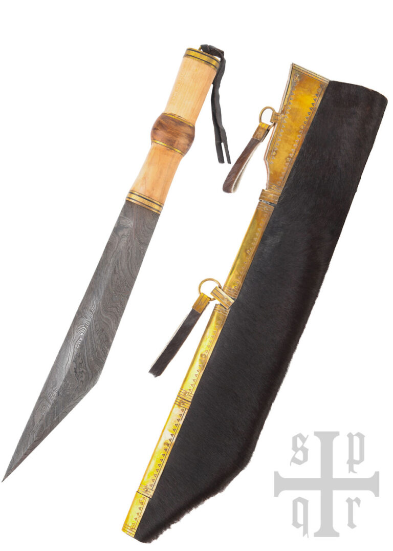 Seax viking lame damas et fourreau en peau de chèvre noire