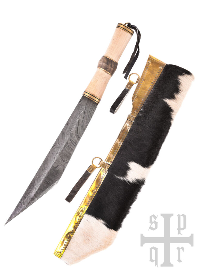 Seax viking lame damas et fourreau en peau de chèvre blanche