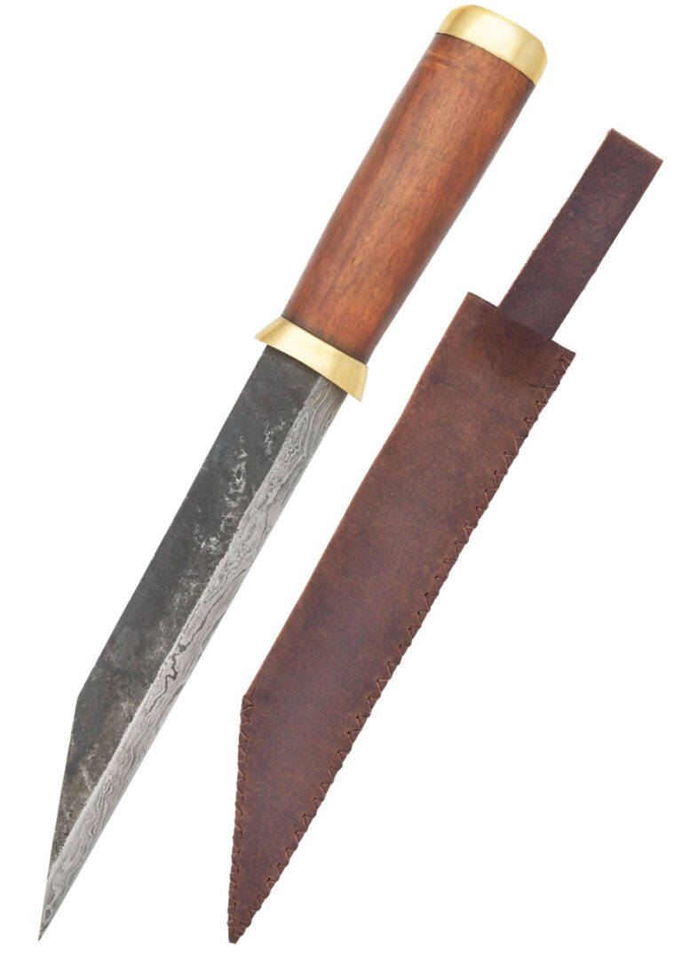 Seax en acier damas Ulfberth avec fourreau en suède marron